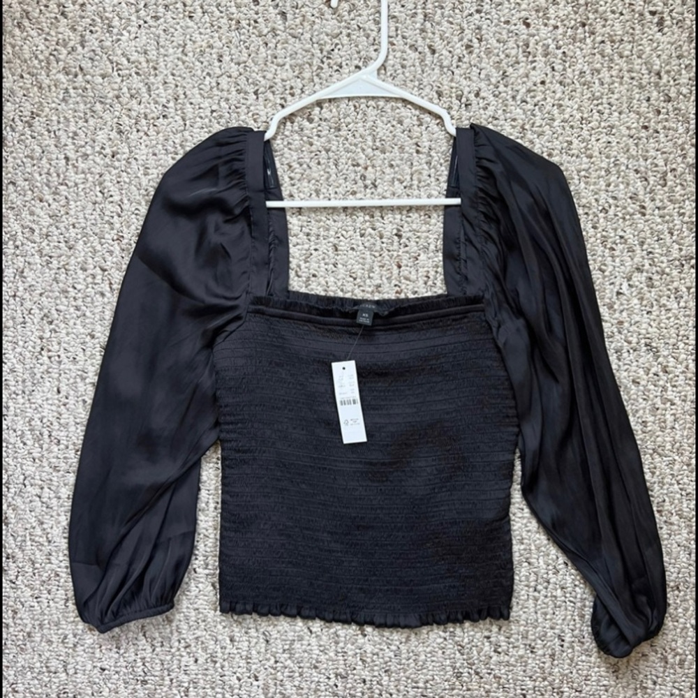 J. Crew Black Smocked Square Neck Top